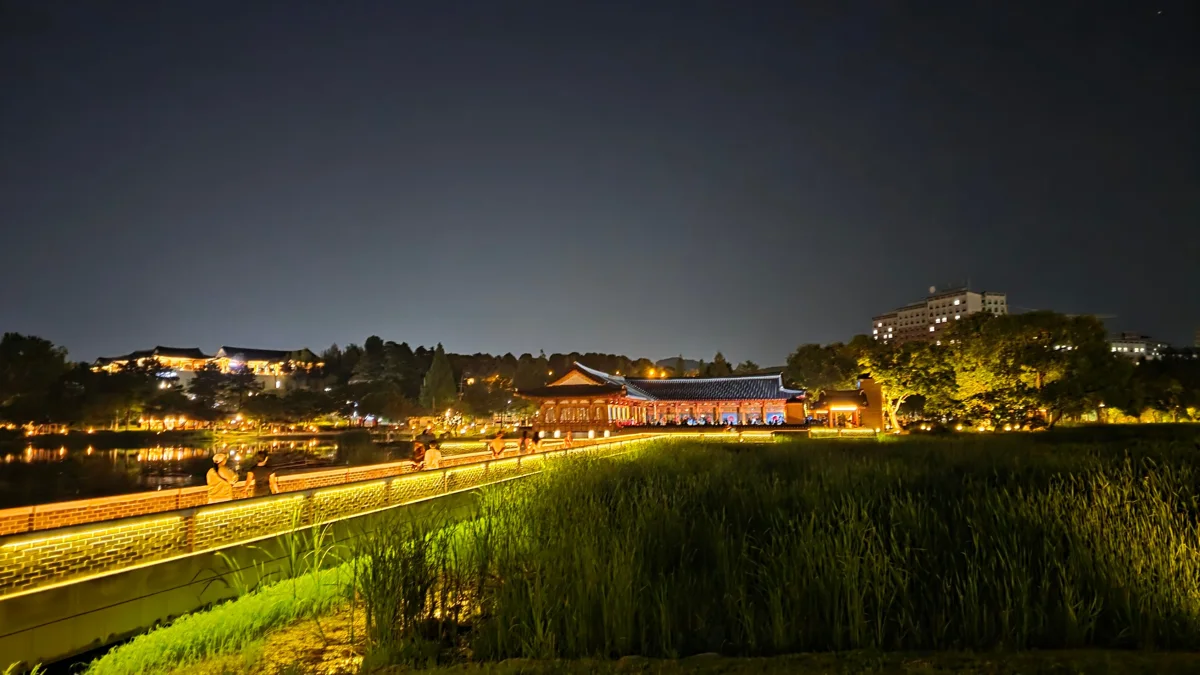 조명이 켜진 덕진공원 연못 산책로와 갈대, 멀리 보이는 한옥 건물