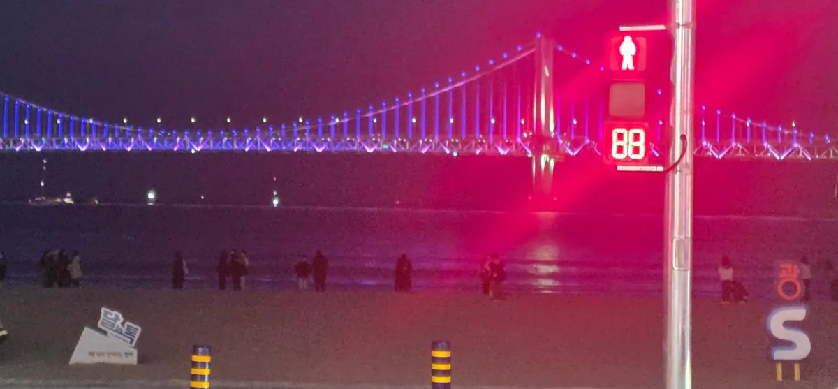 파란 조명이 켜진 광안대교와 해변 앞 빨간 보행 신호등